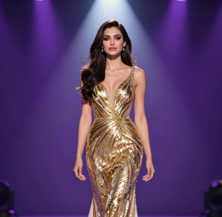 Glamorous editorial portrait of an elegant contestant in a shimmering gold gown, dramatic spotlighting from above, deep royal purple background, sharp focus, 35mm.