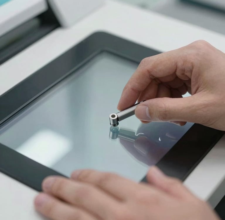 A close-up macro shot of hands being professionally guided onto a clean glass digital scanner, bright clinical daylight, sharp focus on the glass surface