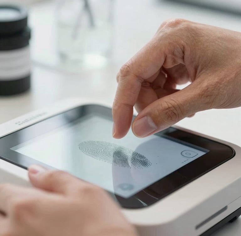 A close-up macro shot of hands being professionally guided onto a clean glass digital fingerprint scanner in a bright, daylight-filled professional office environment.