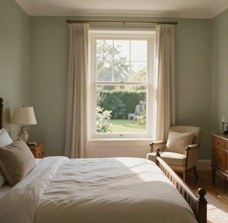 A beautifully appointed private bedroom with a comfortable wooden bed frame, soft neutral linens, and a sunlit armchair by a large window overlooking a garden, warm morning light, residential feel