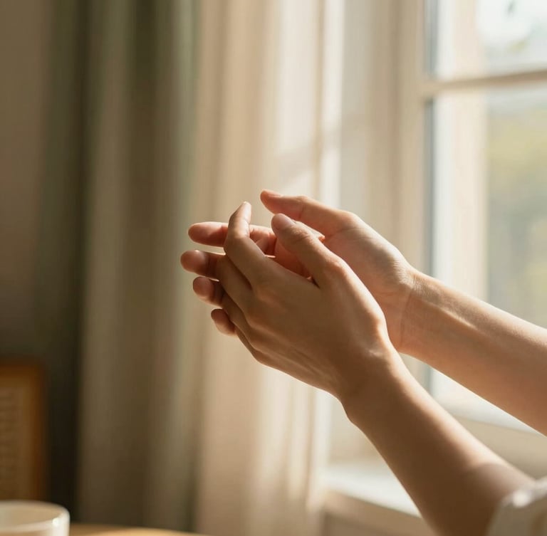 Close-up of two hands gently holding each other, warm golden-hour light filtering through a window, soft-focus residential interior background, rich cream tones