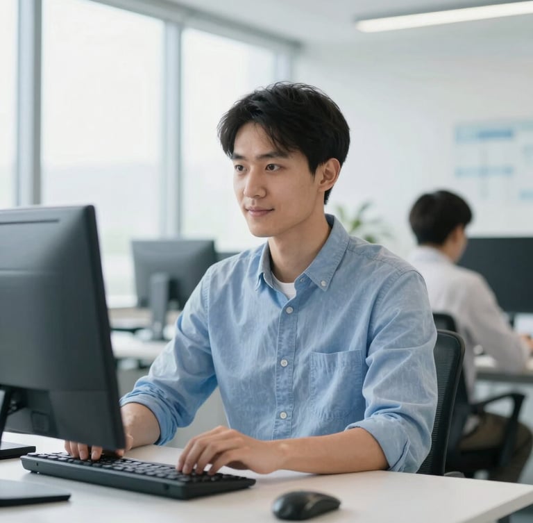 A clean environmental portrait of a software engineer in a bright European office, natural daylight, soft focus, professional setting