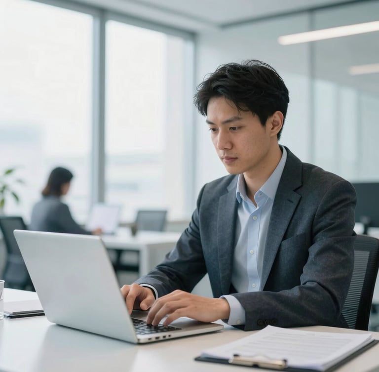 A professional working on a laptop in a bright, modern Berlin office, cool blue tones, shallow depth of field, 35mm