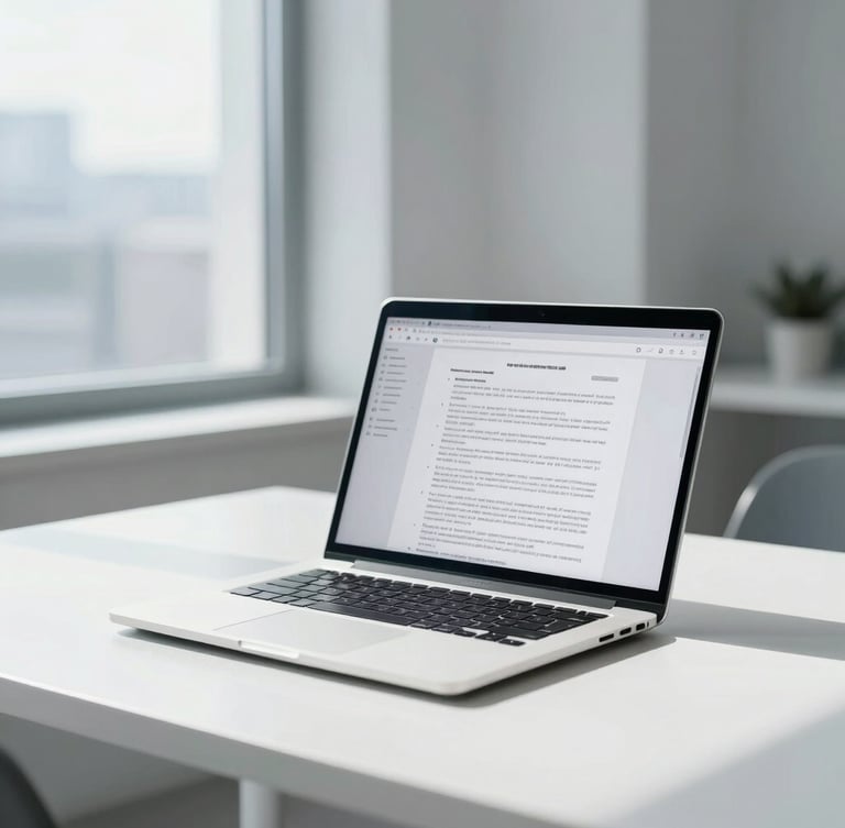 A modern minimalist European workspace with a laptop open showing legal documents, soft daylight streaming through a large window, 35mm