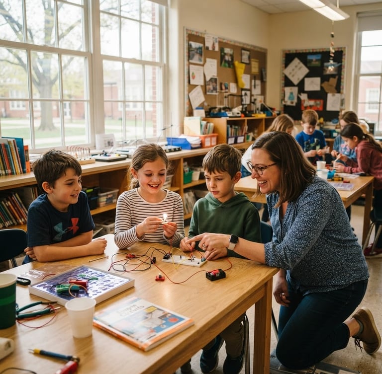 Bright sunlit classroom in Indiana with a teacher mentoring a small group of K-12 students over a STEM science activity, warm editorial photography, natural light streaming through windows, candid medium shot.