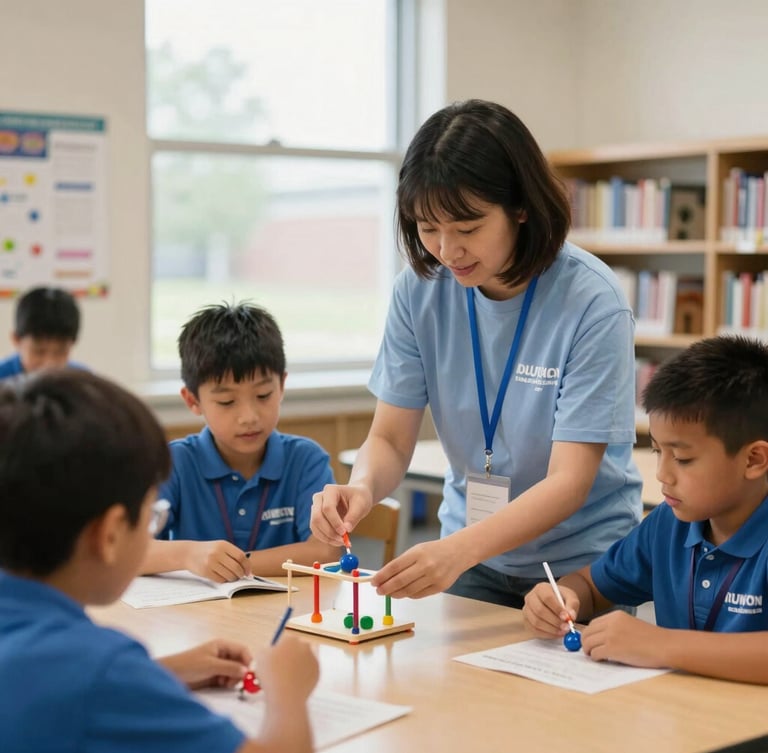 A warm, candid shot of a community volunteer helping an elementary school student build a science project in a bright Indiana school library, soft natural window light, vibrant community tones.