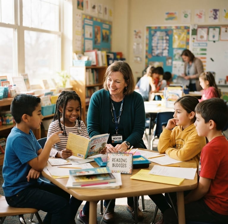 A warm, candid medium shot of a local Indiana community volunteer mentoring a small group of elementary students in a bright classroom with natural window light.