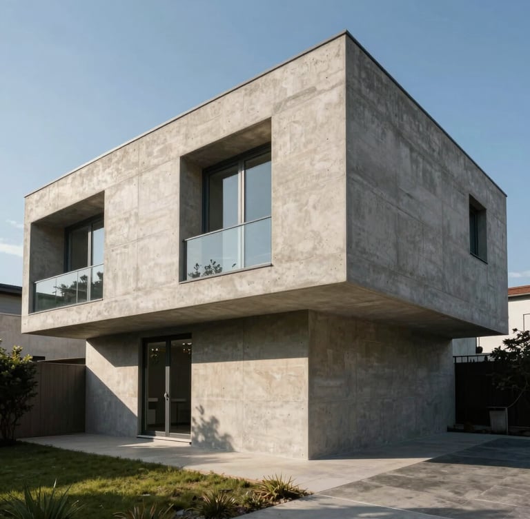 One-point perspective elevation of a modernist concrete residence, sharp geometric shadows, high-contrast natural sunlight, no people