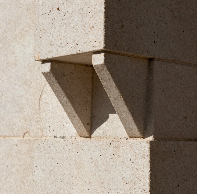 Macro close-up of a sharp geometric shadow cast on a raw travertine stone wall, harsh natural sunlight, high-contrast, architectural detail