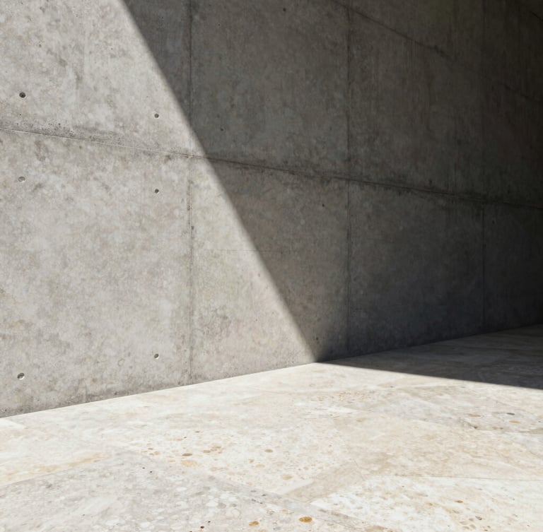 One-point perspective elevation of a raw concrete wall meeting a travertine floor, high-contrast natural sunlight creating a sharp diagonal shadow