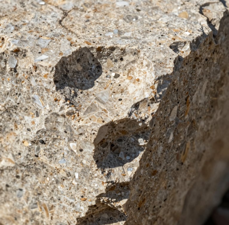 Macro texture detail of raw travertine stone under harsh direct sunlight, showing deep mineral crevices and sharp shadows