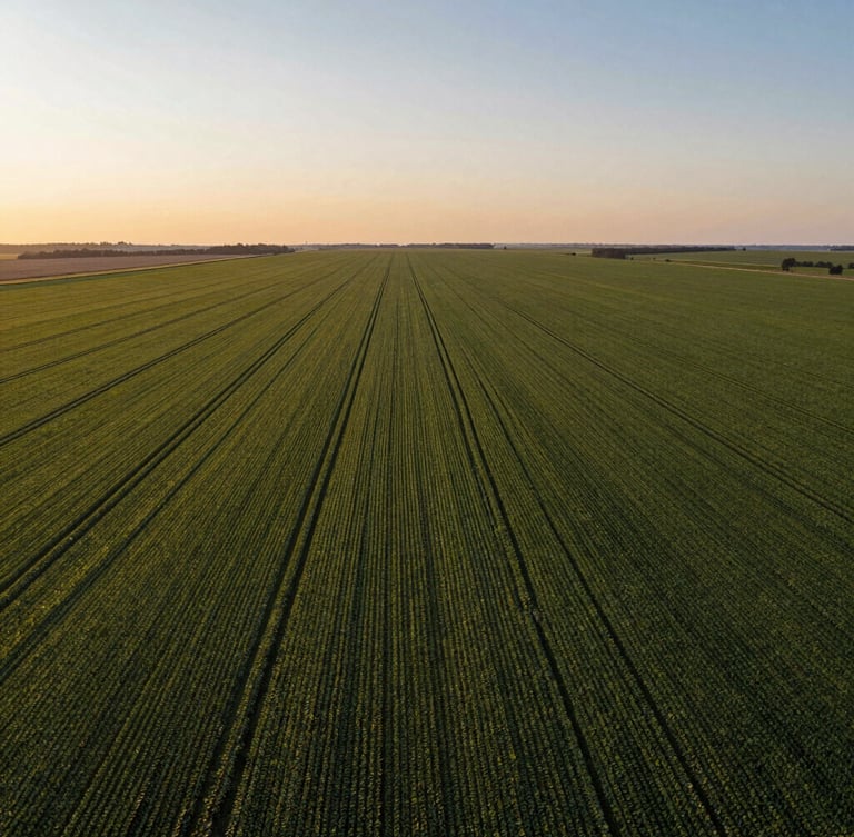 Wide-angle drone aerial of vast green soybean fields stretching to the horizon under golden hour sunset lighting, clean geometric crop lines