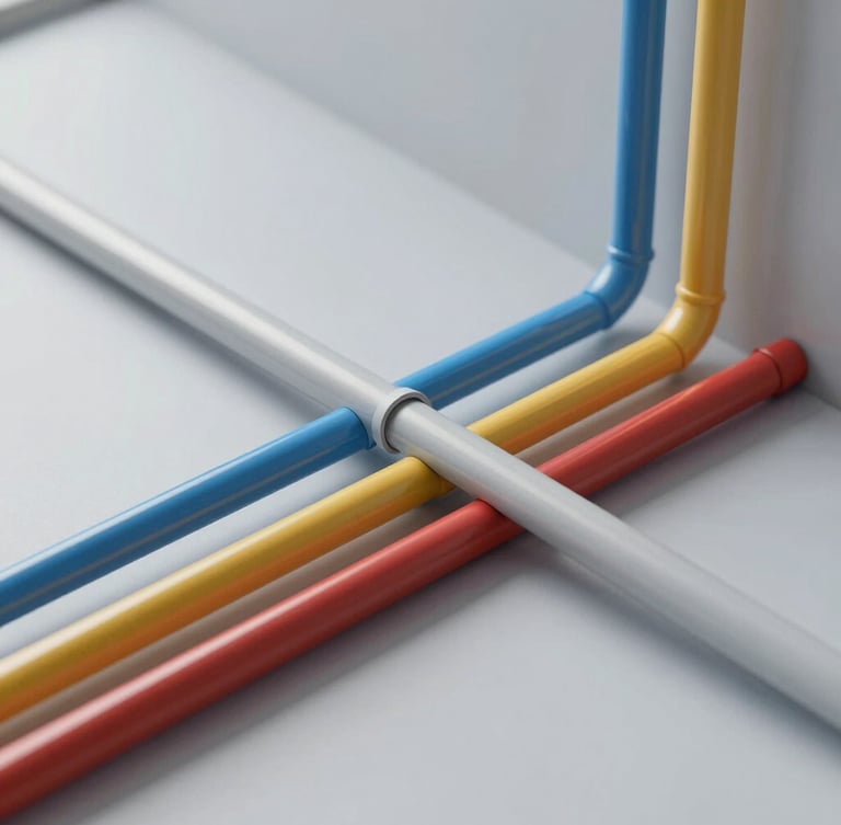 Extreme close-up of a complex 3D Revit BIM model render showing highly detailed sanitary pipe routing with multi-colored pipes intersecting cleanly on a light gray background, clinical technical lighting.