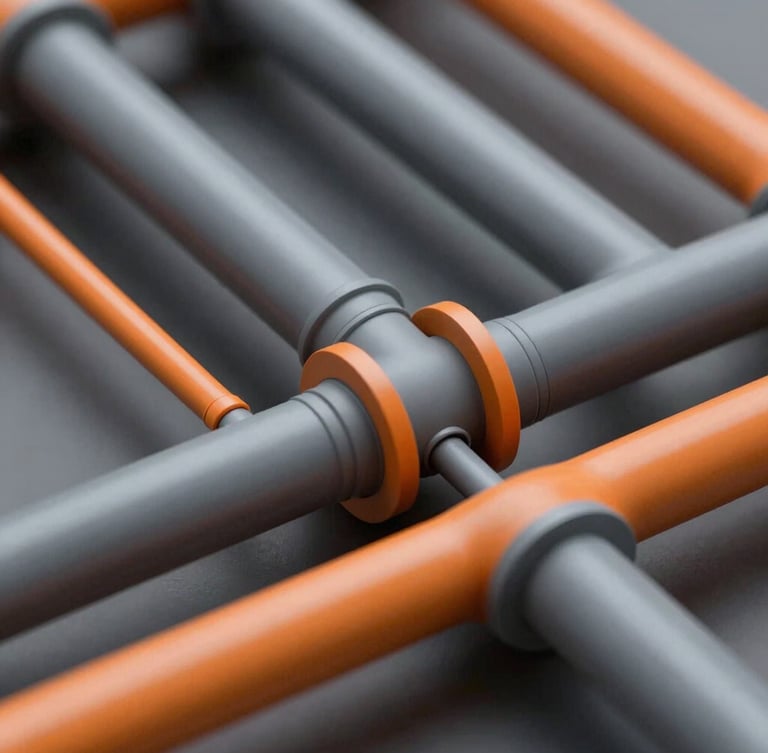 Extreme close-up of a high-fidelity Revit BIM model showing complex sanitary pipe routing with orange and slate color coding