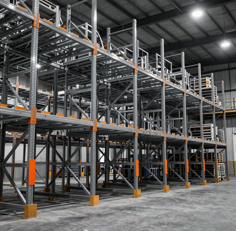 Wide-angle photograph of a pristine, high-capacity industrial warehouse with massive steel racks, desaturated tones with sharp safety orange markers, cool high-contrast overhead lighting, 35mm