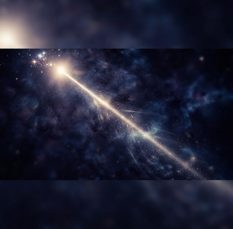 Atmospheric abstract photography, focused beam of light cutting through deep blue and violet cosmic dust, chiaroscuro lighting, shallow depth of field, wide panoramic frame, light source off-center to the left