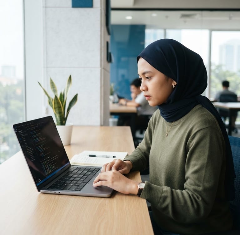 Medium close-up of an Indonesian female student coding on a laptop in a bright, modern minimalist workspace, soft natural window light, clean blue tones, sharp focus, 35mm