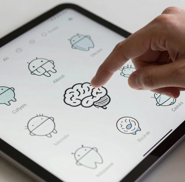 A tight, macro shot of a hand interacting with a native Android interface on a tablet, displaying minimalist illustrations of cognitive concepts under bright, even studio lighting.