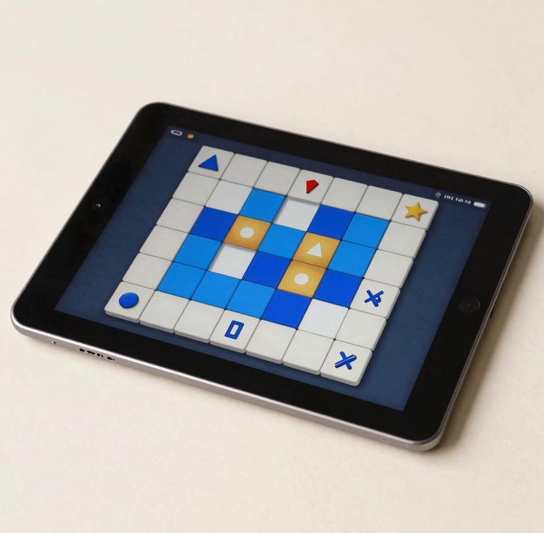 A crisp Android tablet mockup on a flat cream surface, displaying an active logic puzzle game with bold geometric shapes and vibrant blue accents, studio lighting.
