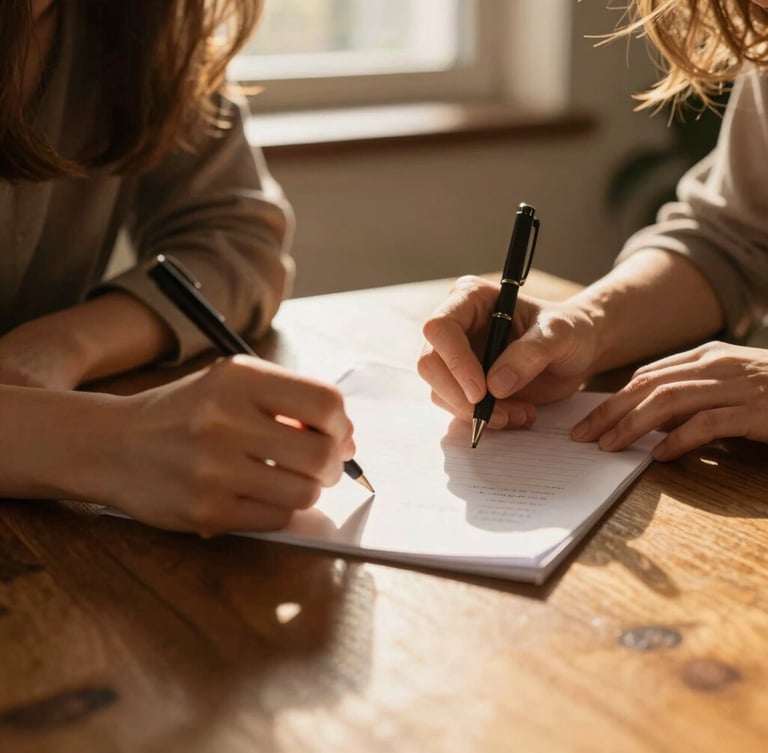 Close-up of two women's hands collaboratively writing notes on a wooden table, warm golden sunlight streaming across the paper, focused and dignified atmosphere.