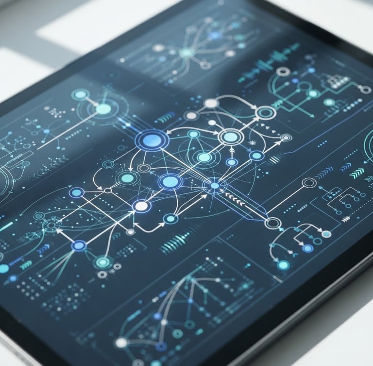 Tight macro shot of a clean digital interface displaying simplified data flows on a modern tablet screen, bright natural daylight, crisp shadows, 35mm lens