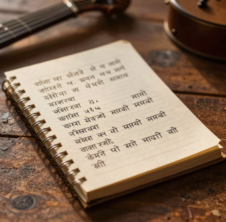 A close-up of a vintage hand-written Hindi lyric notebook on a rustic wooden table, soft golden-hour light illuminating Devanagari script, warm editorial photography style, shallow depth of field.