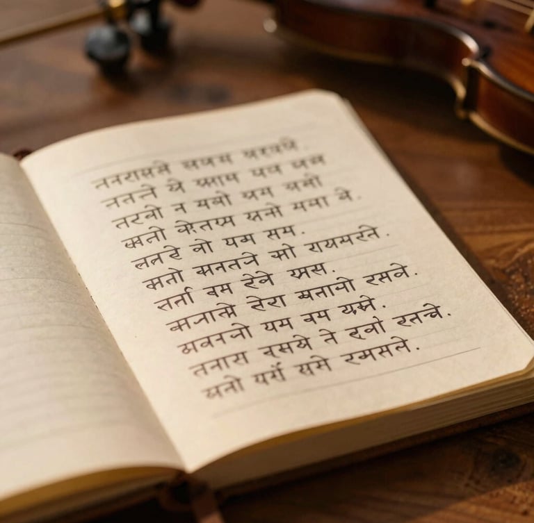A vintage handwritten lyrics notebook with Hindi Devanagari script on textured paper, warm golden-hour light casting soft shadows, a wooden desk surface, macro detail, shallow depth of field