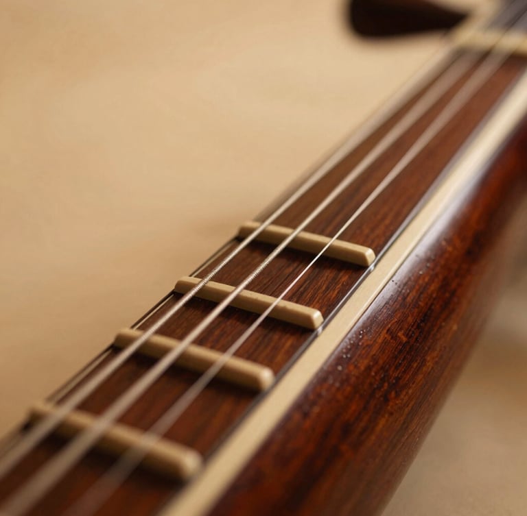 Macro close-up of a classical Indian sitar strings and polished wood, warm soft studio lighting, rich deep amber tones, elegant craftsmanship, shallow depth of field