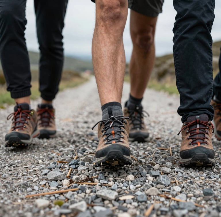 Close-up action detail of three pairs of hiking shoes walking on a gravel path during overcast daylight, dynamic movement.