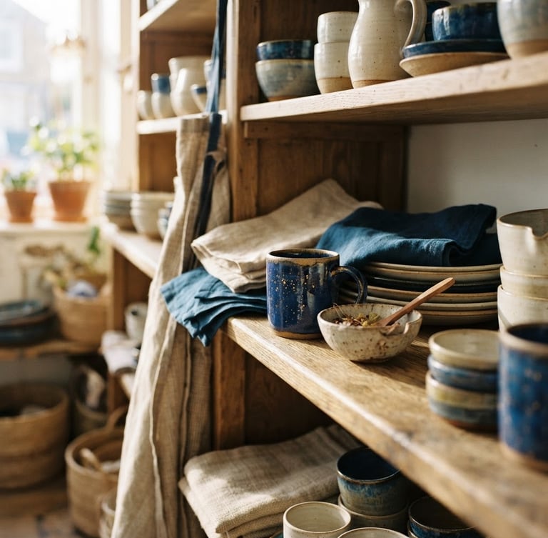 Curated shop shelves bathed in warm morning window light, handmade ceramics and linen textiles beautifully arranged, shallow depth of field, 35mm