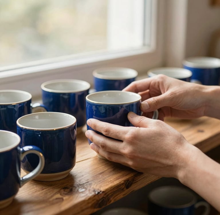 Close-up of hands carefully arranging handmade ceramic mugs on a rustic wooden shelf, warm morning window light, shallow depth of field, 35mm