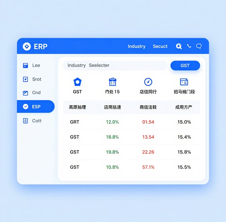 Straight-on clean digital UI mockup of an ERP dashboard showing industry selector and GST billing configurations, bright studio lighting, corporate blue tones