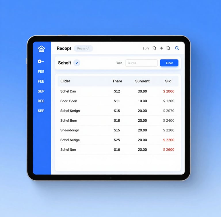 Straight-on crisp software dashboard showing school fee receipt generation and student attendance tracking, bright clean studio lighting, corporate blue tones