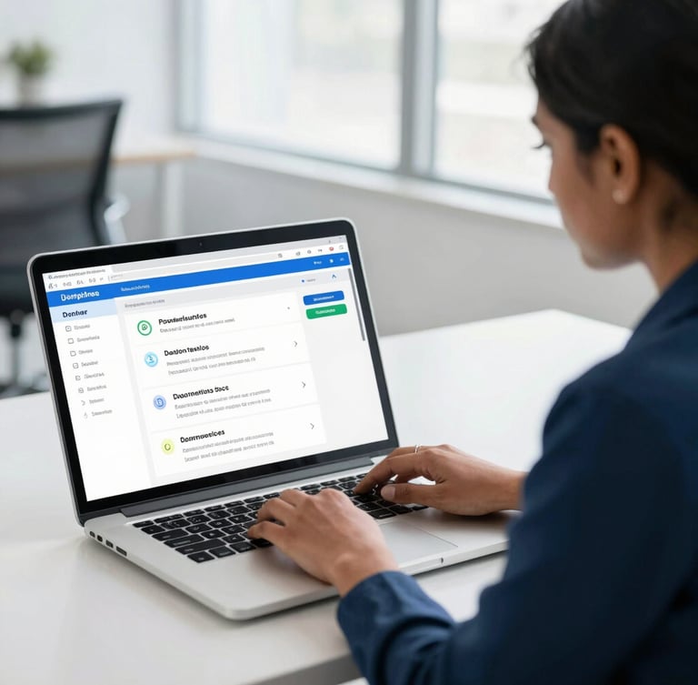 A professional Indian female administrator working on a laptop in a bright, modern office, showing a clean donor dashboard on screen, daylight, sharp focus