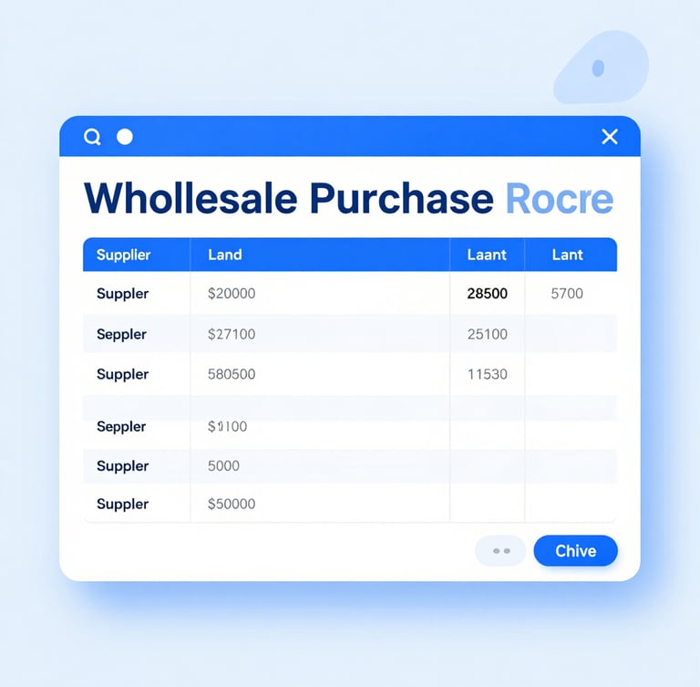 A crisp digital screenshot of a wholesale purchase order screen with supplier ledger entries, clean light background, professional corporate blue accents.