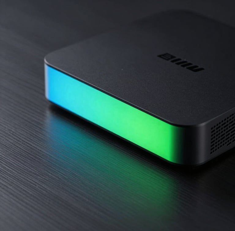Cinematic close-up of a sleek black media streaming device casting a vibrant electric cyan and emerald green glow onto a dark brushed metal surface, shallow depth of field, high contrast.