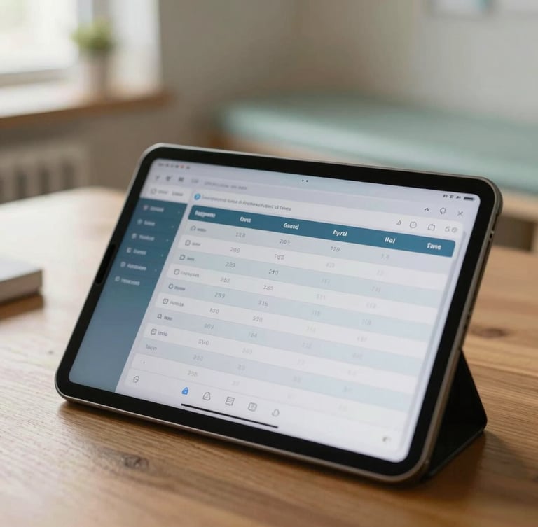Close-up of a tablet displaying a clean, structured clinical scheduling interface, resting on a wooden desk in a warm, sunlit therapy room, soft focus.