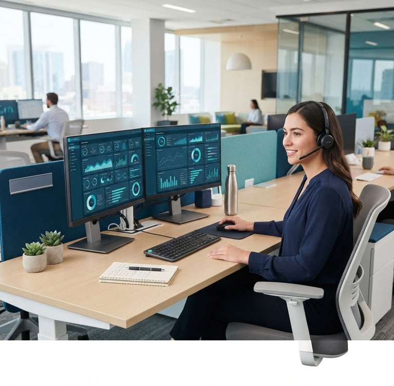 A bright, clean corporate office daylight setting with a professional agent workspace featuring dual monitors displaying data dashboards, cool blue and teal accents, sharp focus, 35mm
