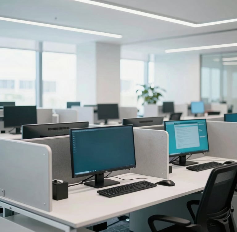 Wide environmental shot of a modern, clean, well-lit collaborative workspace with high-tech agent setups and dual monitors, bright daylight with subtle cool teal accents, 35mm