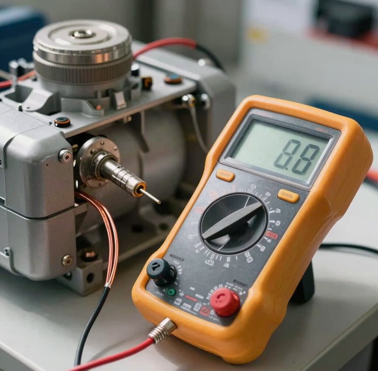A close-up photograph of a digital multimeter testing the copper wiring of a refrigerator compressor, bright daylight workshop, sharp focus on the metallic probes.