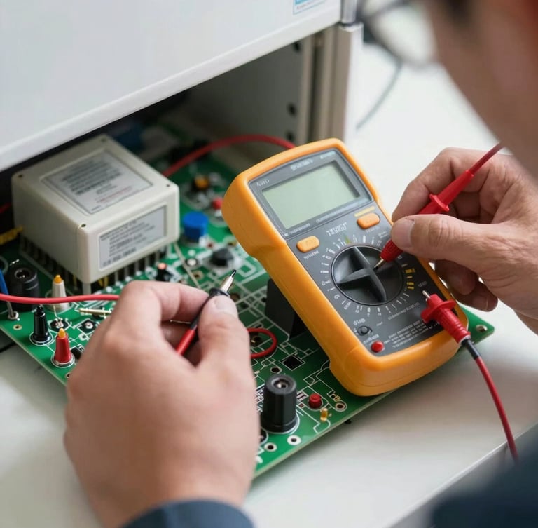 Macro shot of a technician using a digital multimeter to test a refrigerator control board, natural workshop lighting, shallow depth of field