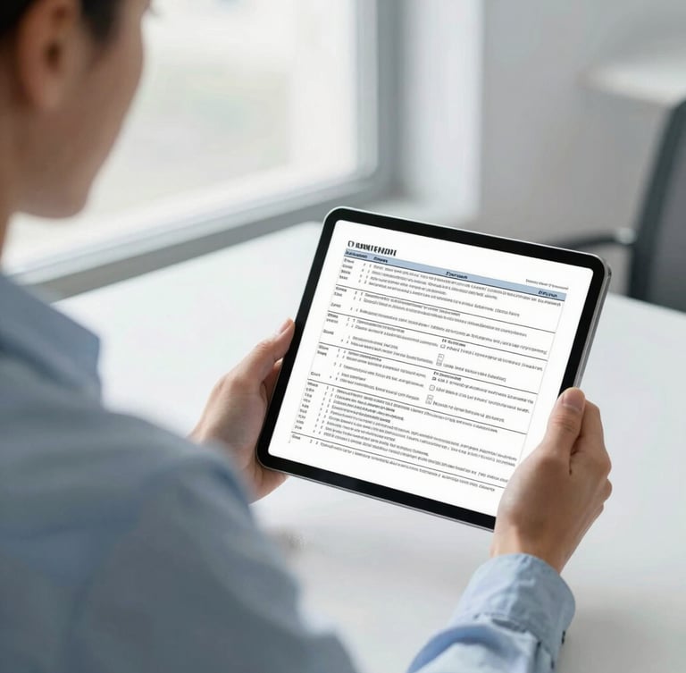 Over-the-shoulder shot of a professional accountant showing tax documents on a tablet screen in a bright modern office with natural window light, soft blue and gray tones.