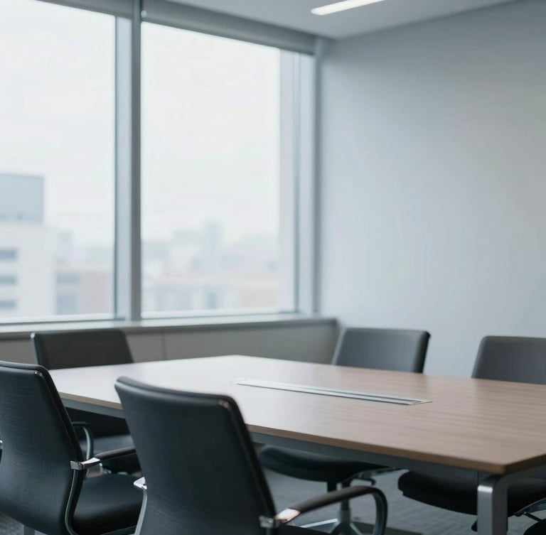 Bright professional photography of a modern, clean corporate office meeting room, natural window light, soft slate gray tones, shallow depth of field