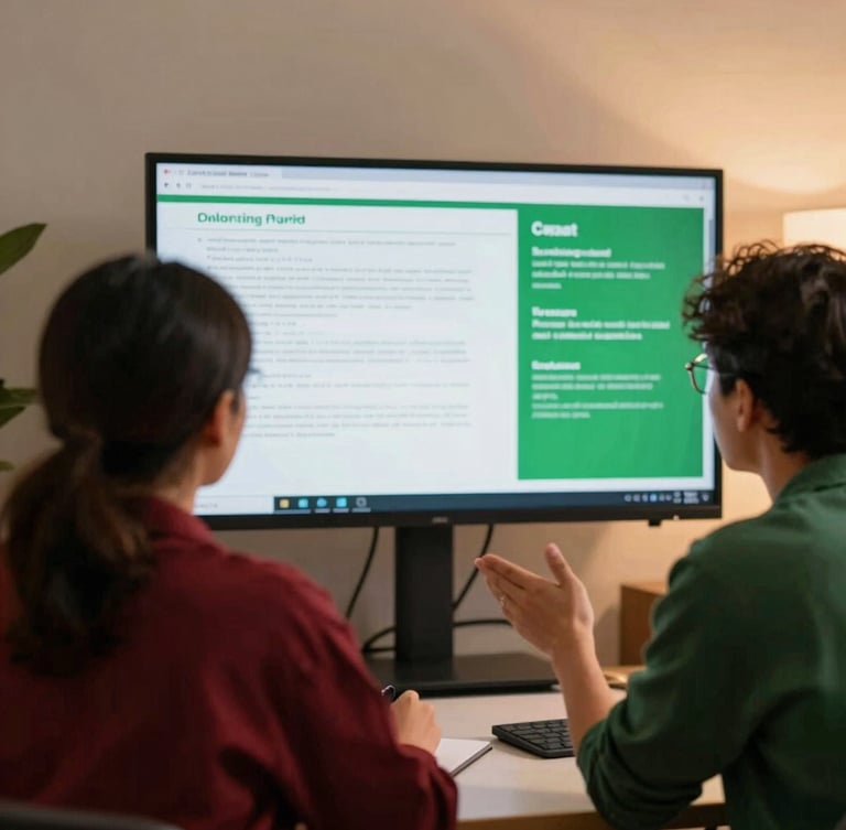 Over-the-shoulder view of a digital marketing team planning content on a large screen, warm indoor lighting, focused expressions, 35mm, rich carmine and forest green tones.