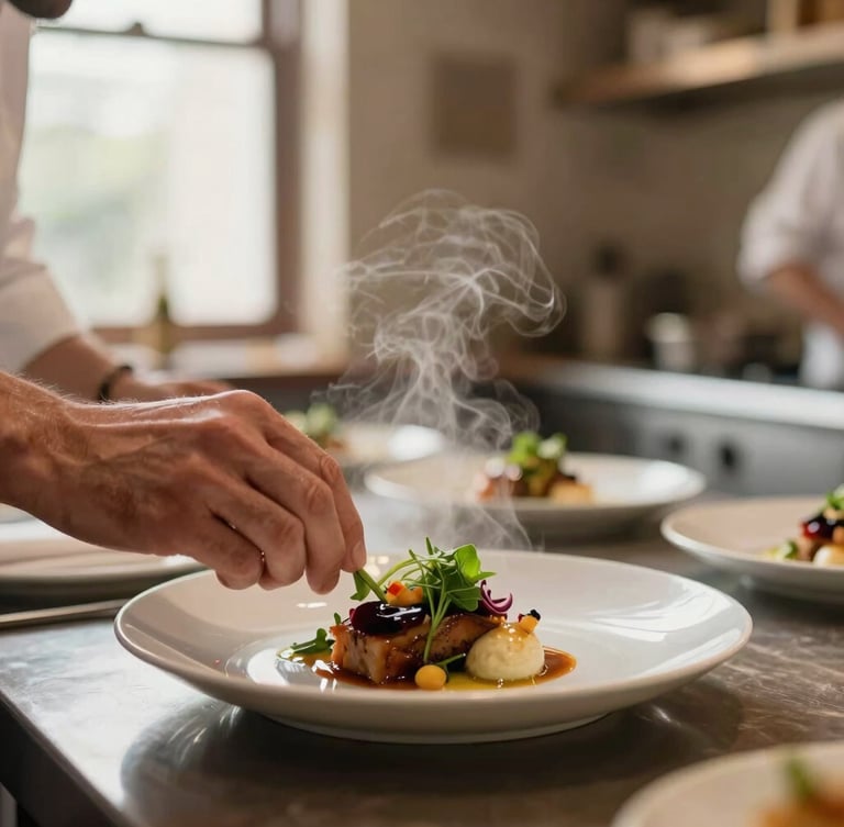 Portrait shot of a chef's hands delicately plating a gourmet dish in a busy, warm-lit kitchen, steam rising, blurred background of a rustic dining room, soft diffused daylight, rich carmine and forest green tones, shallow depth of field, 35mm.