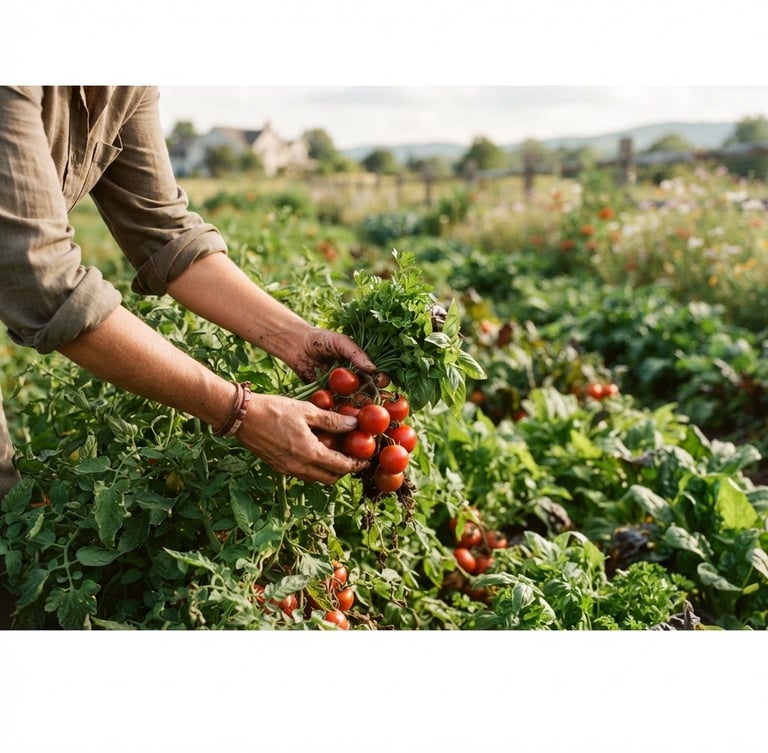 Wide panoramic shot of hands gently harvesting fresh, organic vegetables in a sun-drenched field, soft diffused daylight, rich carmine and forest green tones, shallow depth of field, 35mm