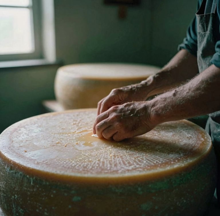 Close-up portrait of an artisanal cheese maker's hands carefully turning a wheel of aging cheese in a cool, rustic cellar, moody shadows, soft light from a single window, rich carmine and forest green tones, shallow depth of field, 35mm