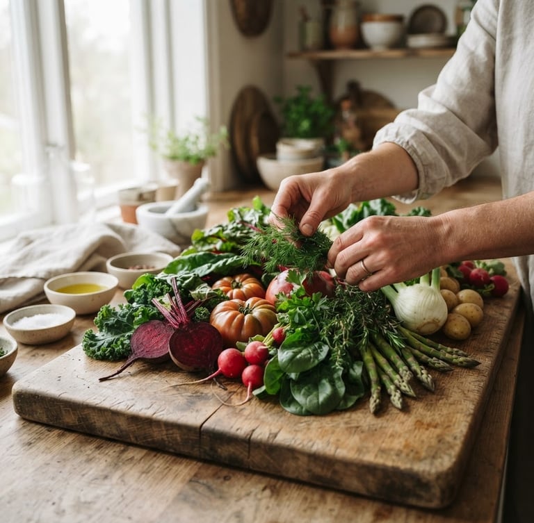 Wide panoramic shot of hands carefully arranging fresh, vibrant vegetables and herbs on a rustic wooden board, soft diffused Scandinavian daylight, shallow depth of field, rich carmine and forest green tones, 35mm
