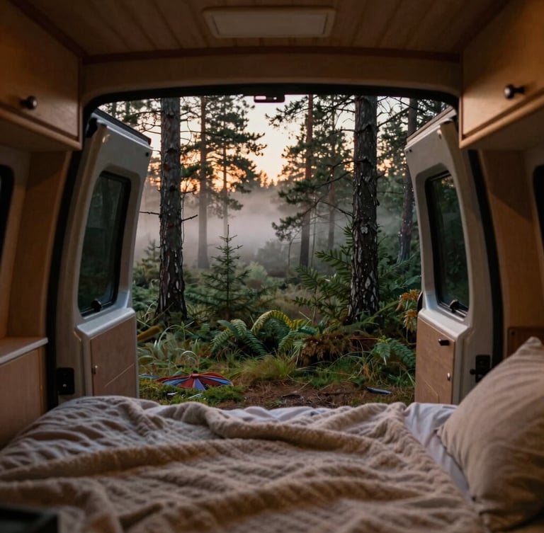 Cozy portrait-oriented scene inside a custom campervan at dusk, warm interior glow, a bed with wool blankets, looking out the open rear doors to a misty pine forest, 35mm film