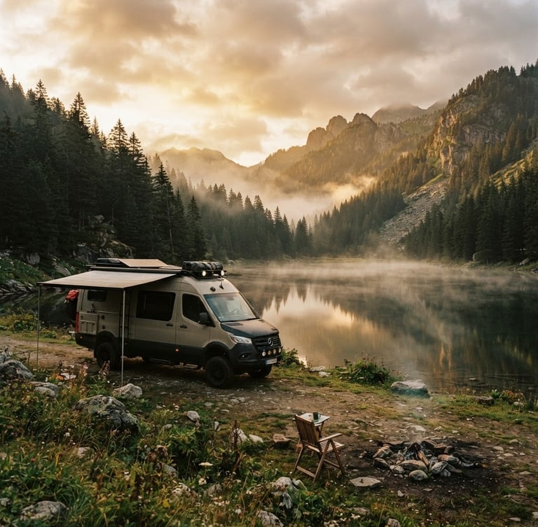 Wide environmental landscape, a fully equipped campervan parked near a misty alpine lake at golden hour, dense pine forest, 35mm film style.